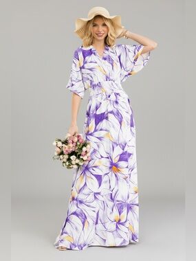 Purple Floral Print Maxi Dress with Smocked Waist and Side Slit